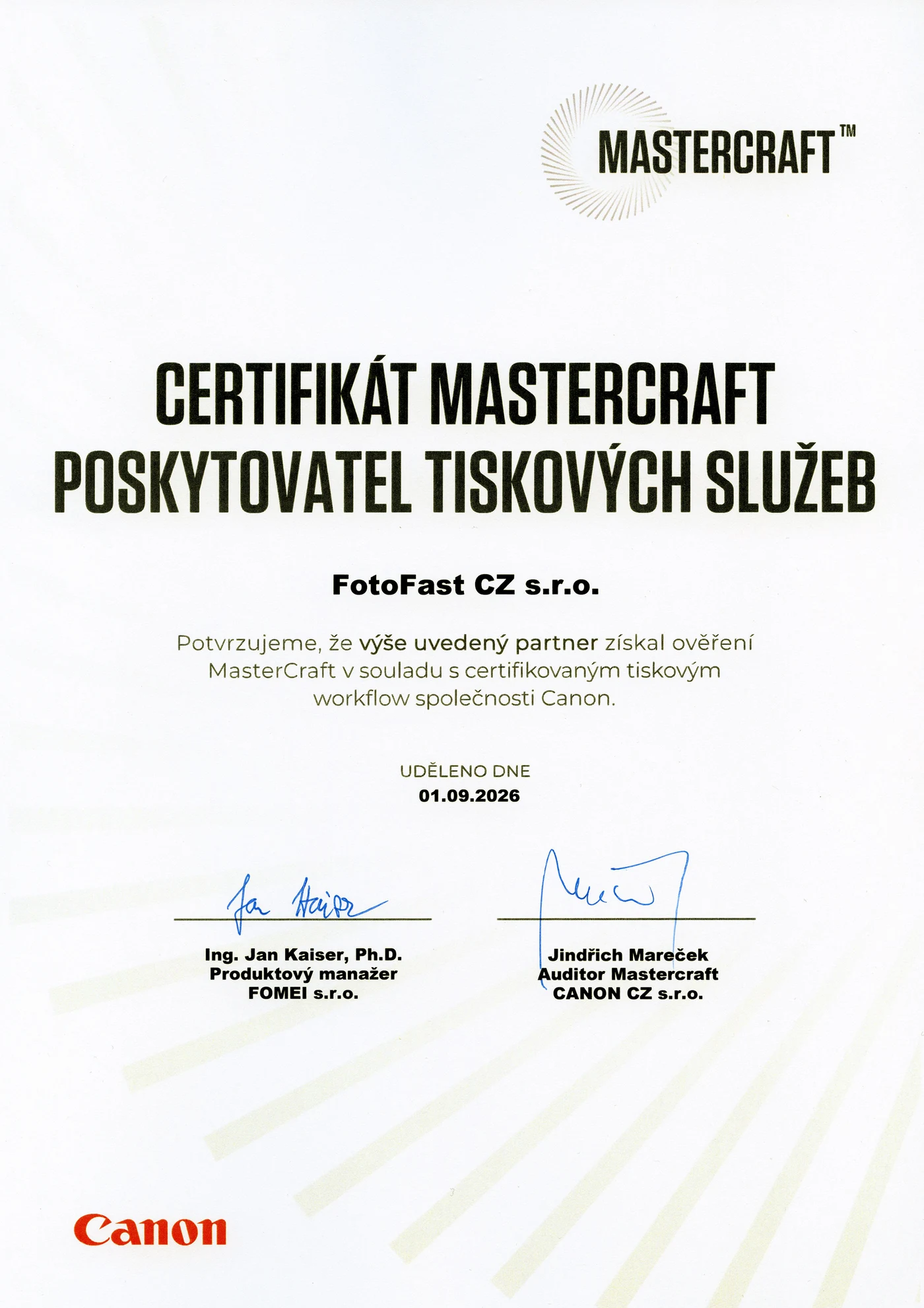 Certifikát Mastercraft pro FotoFast CZ s.r.o.